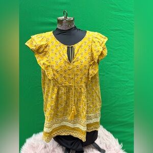 Rose & Olive Yellow Boho Flutter Sleeve Top ☀️ Size L